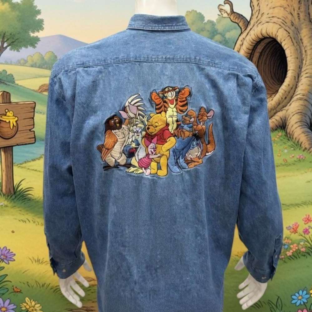 Vintage Disney Store Winnie the Pooh and Friends Embroidered Denim Shirt Large